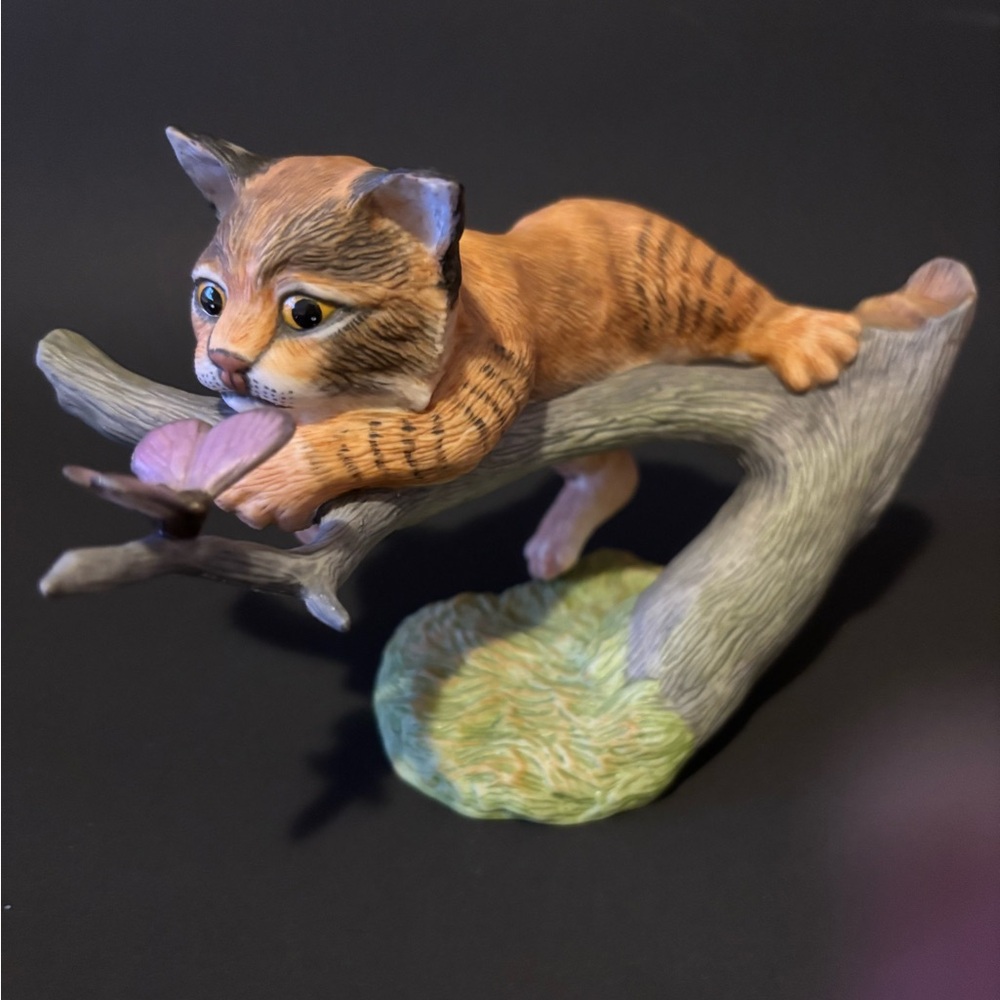 Charming Porcelain Cat and Butterfly on a Branch Figurine